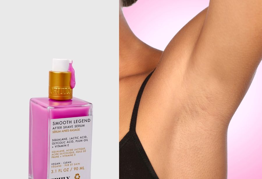 glycolic acid for armpits | side by side photos showing bottle of Truly's Smooth Legend After Shave Serum with white background and closeup of woman's bright, even underarm