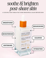 A bottle of Truly Beauty Coco Cloud After Shave Serum with a dropper cap is shown, surrounded by words like smoothing, brightening, softening, nourishing, calming, and hydrating. Text above highlights its soothing effects for post-shave dryness and ingrown hairs.
