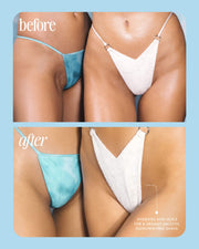 Two close-up shots of women’s bikini lines: the top (“before”) shows irritation; the bottom (“after”) reveals smoother skin. Text says Truly Beauty’s Coco Cloud After Shave Serum with hydrating argan oil soothes for a dreamy smooth, ingrown-free shave.