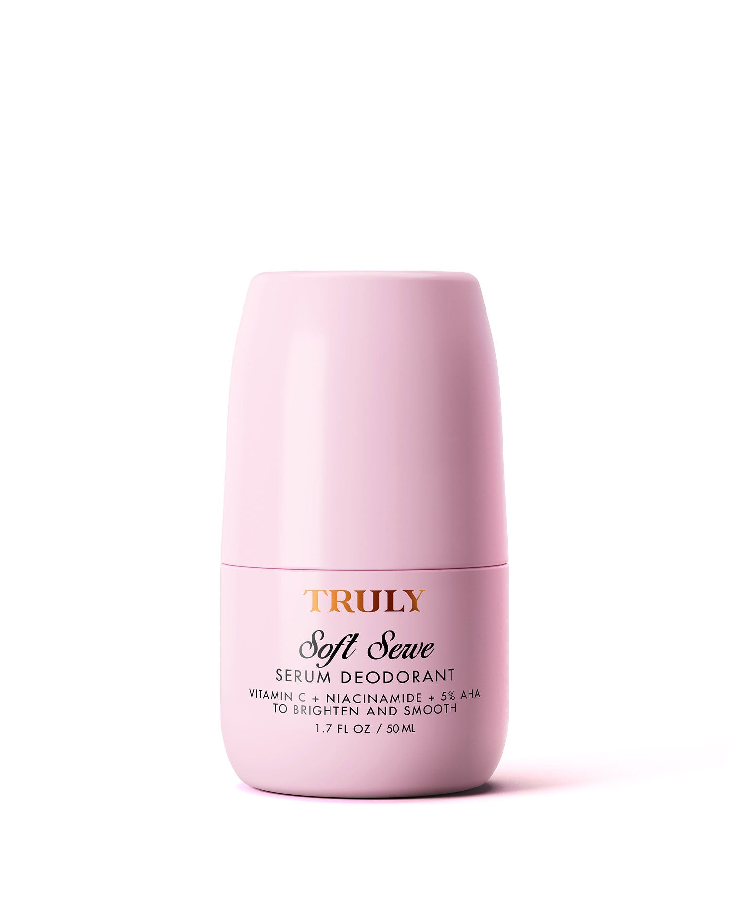 Pink serum deodorant bottle labeled 'Truly Soft Serve' on a white background