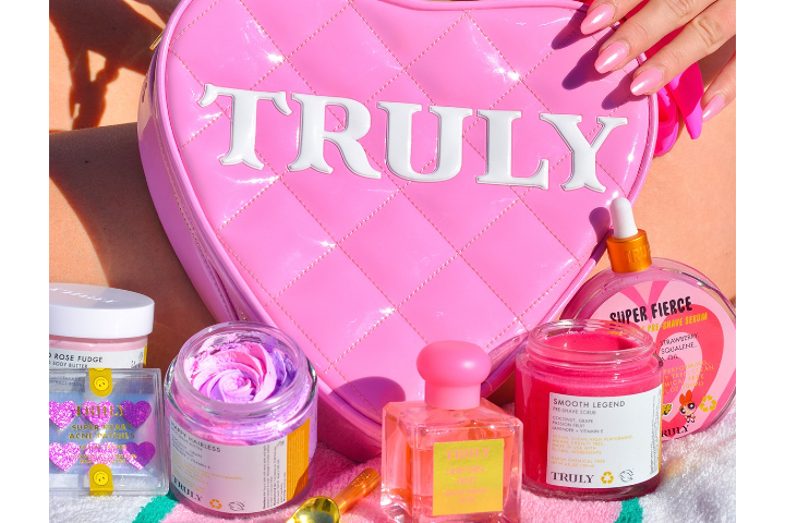 Truly beauty pink heart bag, shave cream, unicorn perfume, and scrub