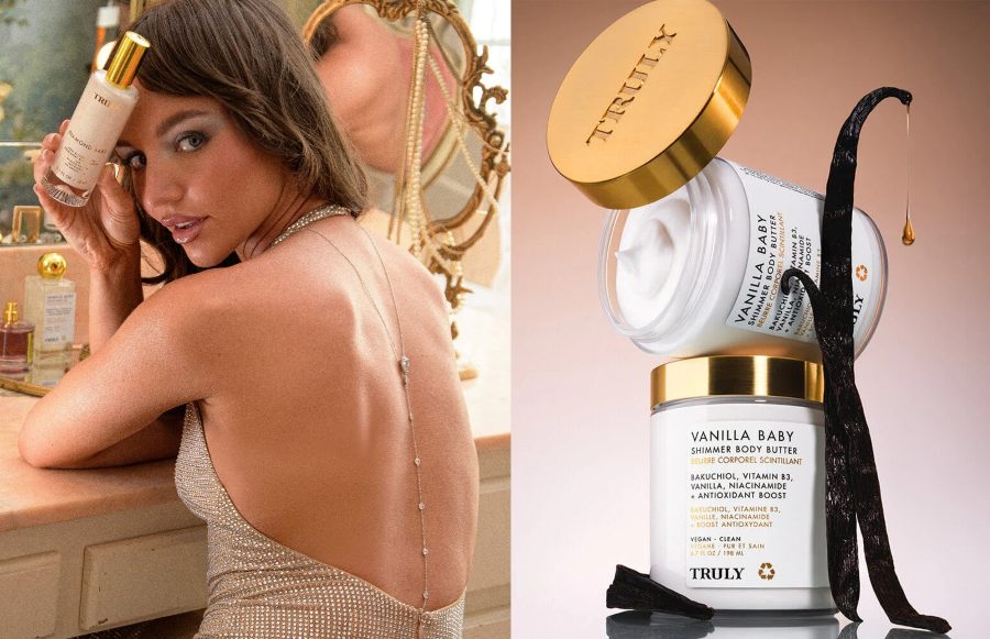 Best Gifts for Mom Who Doesn't Want Anything | side by side images displaying woman with backless top holding bottle of Truly's diamond baby serum next to closeup image of Truly's vanilla baby body butter decorated with fresh vanilla