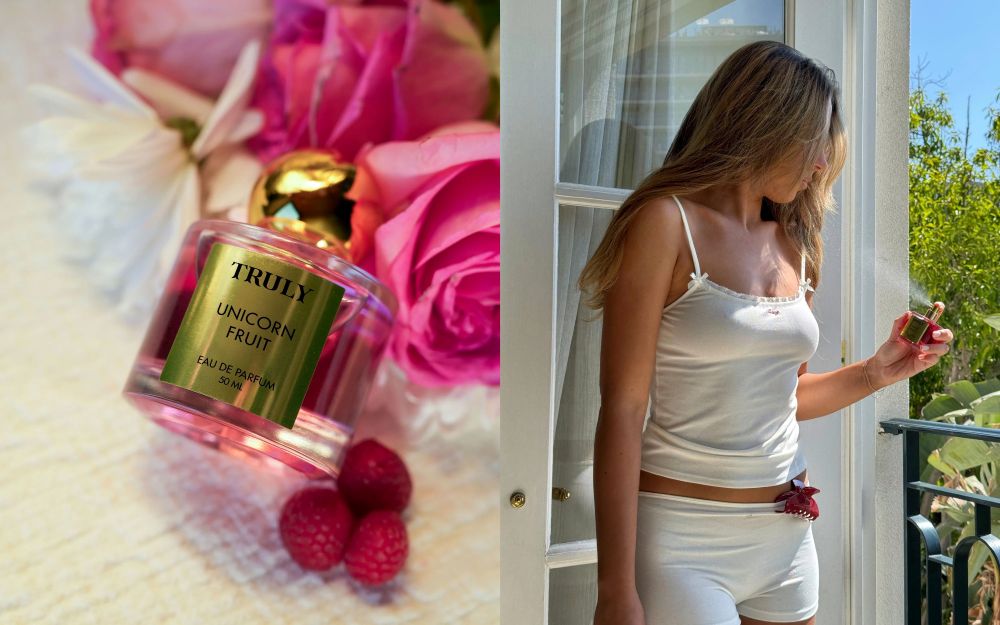 best perfume layering combinations | left image shows closeup of Truly Unicorn Fruit perfume beside fresh raspberries and pink roses, right image shows young women near window spraying on truly cherry baby perfume