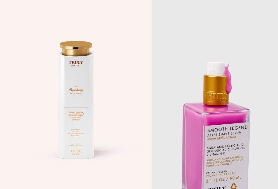 Can You Mix Glycolic Acid and Vitamin C? | side by side images of Truly's the brightening serum + smooth legend after shave serum 