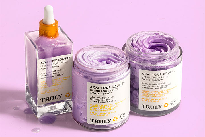 Truly's acai your boobies collection featuring serum, butter, and polish