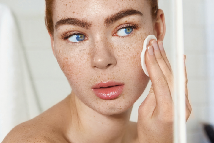 young woman holding cotton pad on face