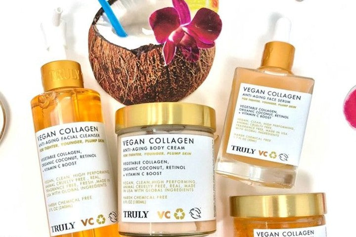 truly beauty collagen products featuring vegan collagen cleanser, body cream, and serum