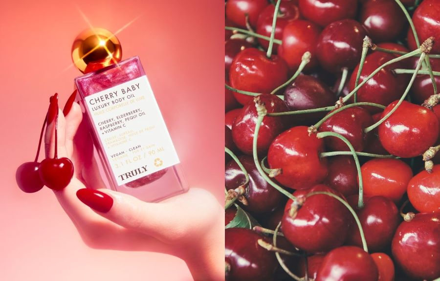 benefits of cherries for skin | left photo shows manicured hand holding truly's cherry baby body oil and right photo shows closeup of cherries
