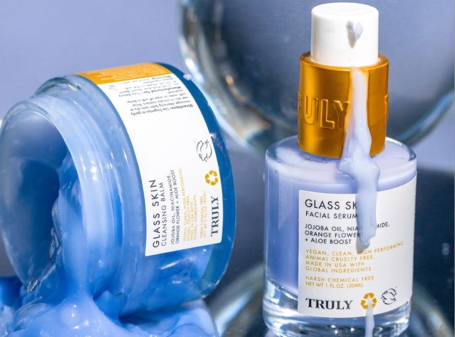 jojoba oil for skin | Truly's glass skin cleanser and serum displaying product