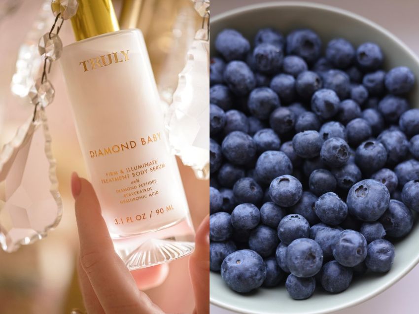 resveratrol for skin | side by side images showing woman's hand holding Truly's Diamond Baby Treatment Body Serum next to white bowl of fresh blueberries