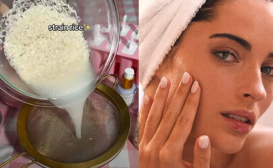 rice water for skin | left photo shows screenshot of rice being strained and right image shows young woman applying serum to face