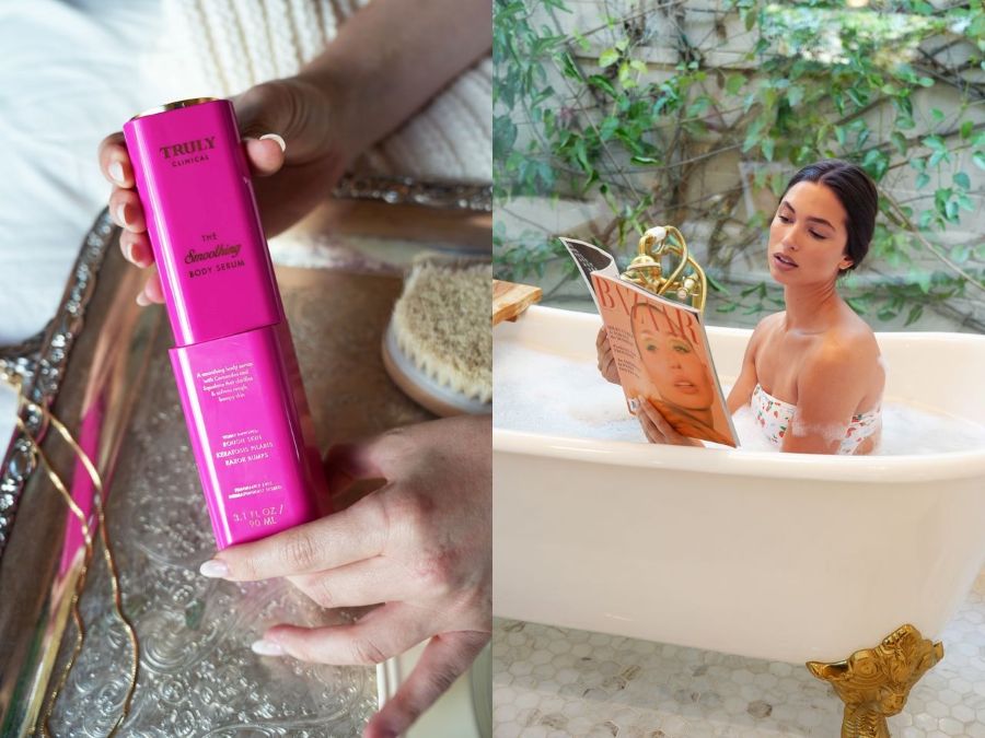 Best Gifts for Mom Who Doesn't Want Anything | left image shows closeup of truly's smoothing serum and right image shows woman in bubble bath reading magazine