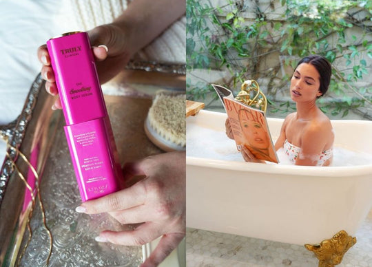 new year resolutions 2026 | left image shows woman in bubble bath surrounded by truly products, right image shows basket full of fresh cherries and Truly cherry baby oils