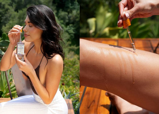 how to shave bikini line | woman in orange bikini applying truly coco cloud after shave serum to leg