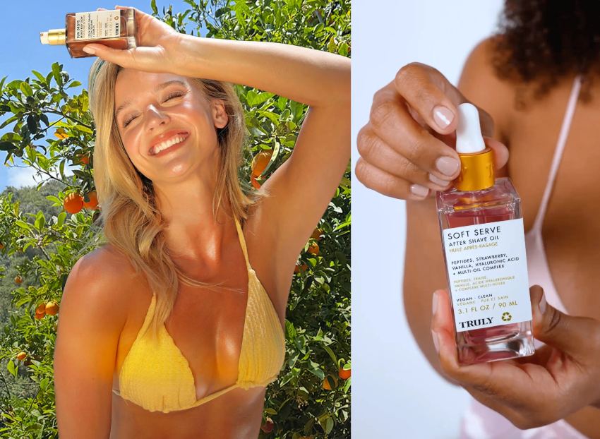 best body oils 2026 | side by side image of young blonde woman in yellow bikini smiling holding bottle of Truly's Sun Drops with tree and blue sky in background, beside woman in pink bikini holding Truly's soft serve after shave oil
