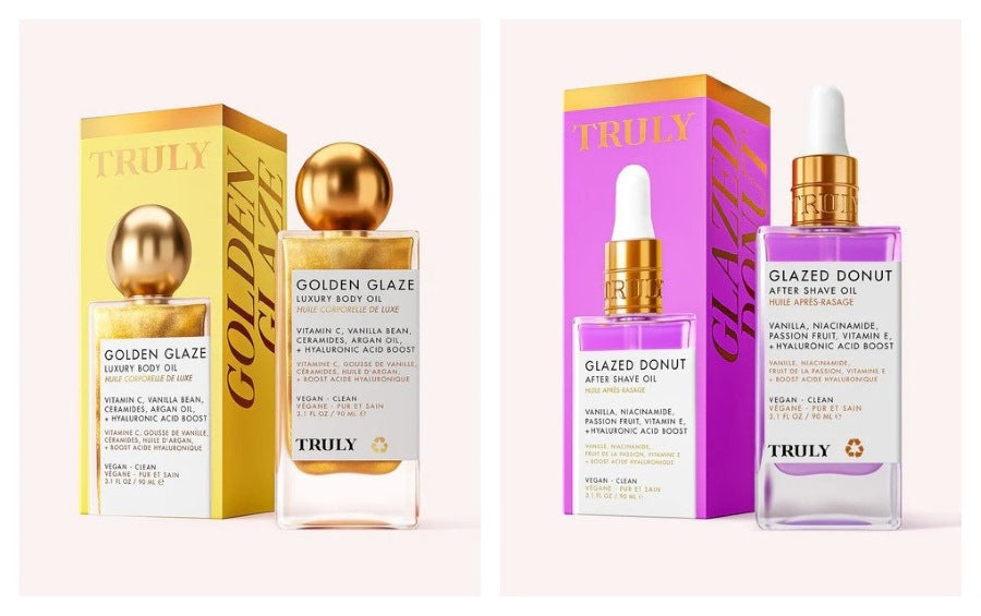 best body oils 2024 | Truly's golden glaze body oil on left and Truly's glazed donut shave oil on the right