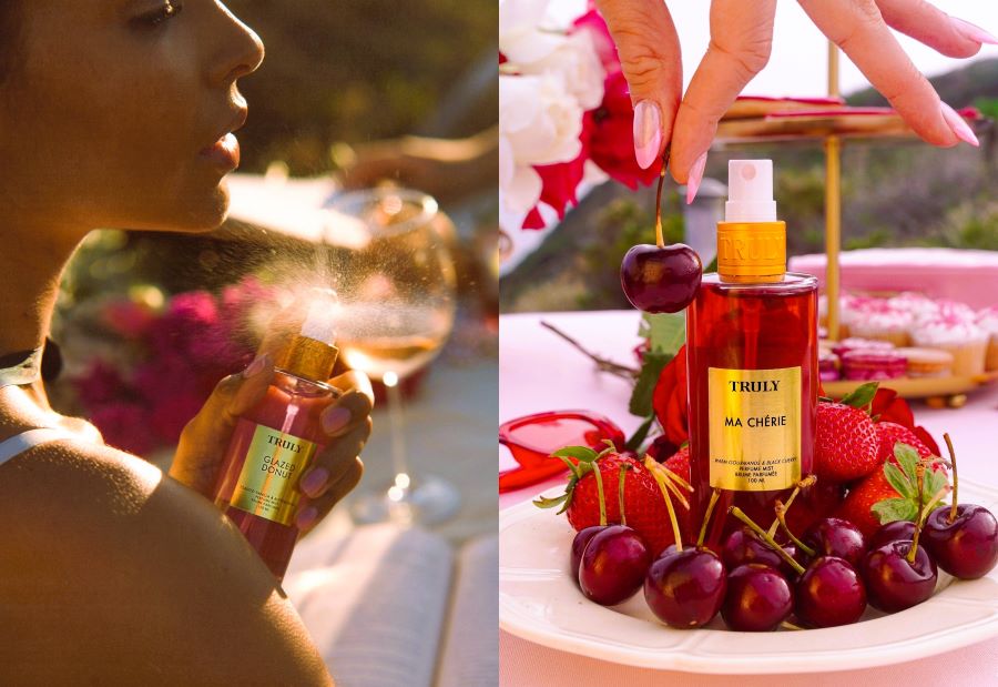 best body spray for women | side by side photos of woman applying truly body mist and right side showing perfume mist on plate of fruit