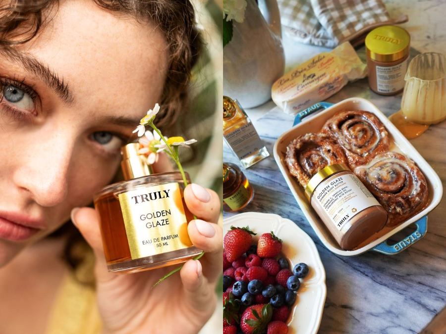 best fall fragrances 2025 | side by side image: left image shows closeup of young woman holding Truly Golden Glaze perfume and right image shows table displaying baked cinnamon buns, a bowl of berries, and truly golden glaze perfume and body butter