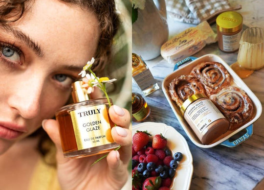 best perfume layering combinations | left image shows closeup of Truly Unicorn Fruit perfume beside fresh raspberries and pink roses, right image shows young women near window spraying on truly cherry baby perfume