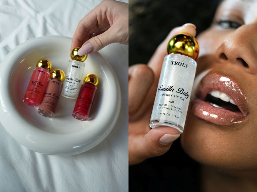 what is lip oil | side by side image - left image shows Truly's four new lip oils in bowl and right image shows woman with glossy lips holding vanilla baby lip oil