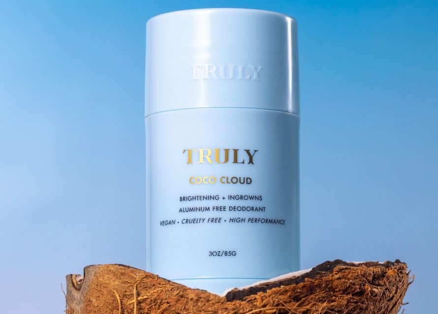 mandelic acid deodorant | Truly's coco cloud deodorant sat on open coconut shell