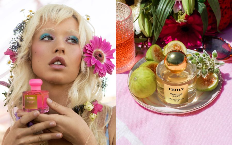 best perfume scents | photo on left shows blonde woman holding truly's unicorn fruit perfume and photo right shows truly's vanilla baby perfume on plate with figs