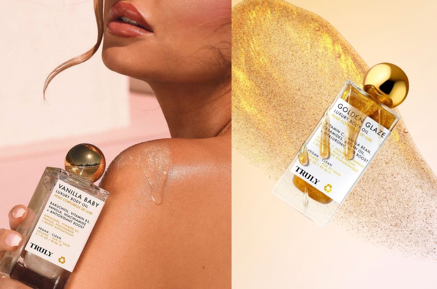 best shimmer body oil | left image shows woman holding Truly's vanilla baby shimmer body oil and right image shows Truly's golden glaze body oil