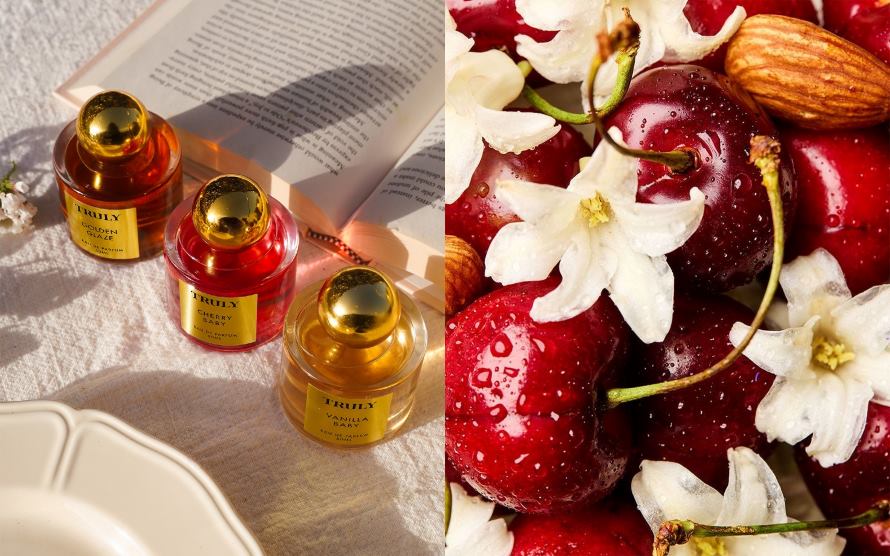 best summer fragrances 2025 | left image shows three truly beauty perfumes and right image shows closeup of cherries, flowers, and almonds
