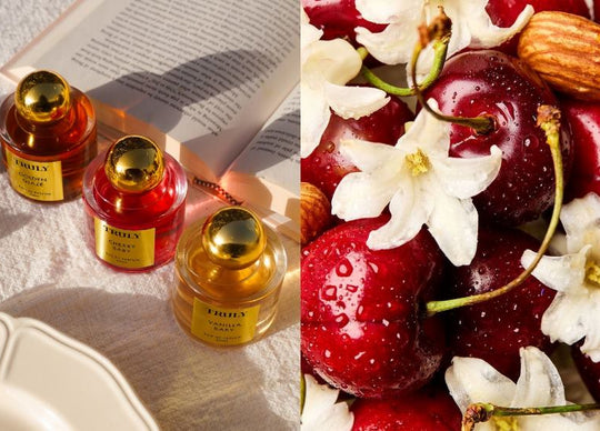 best perfume layering combinations | left image shows closeup of Truly Unicorn Fruit perfume beside fresh raspberries and pink roses, right image shows young women near window spraying on truly cherry baby perfume