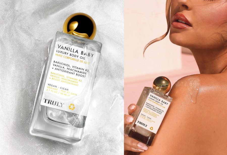 best vanilla body oil | left photo shows closeup of Truly's vanilla baby oil and left photo shows woman holding vanilla baby oil