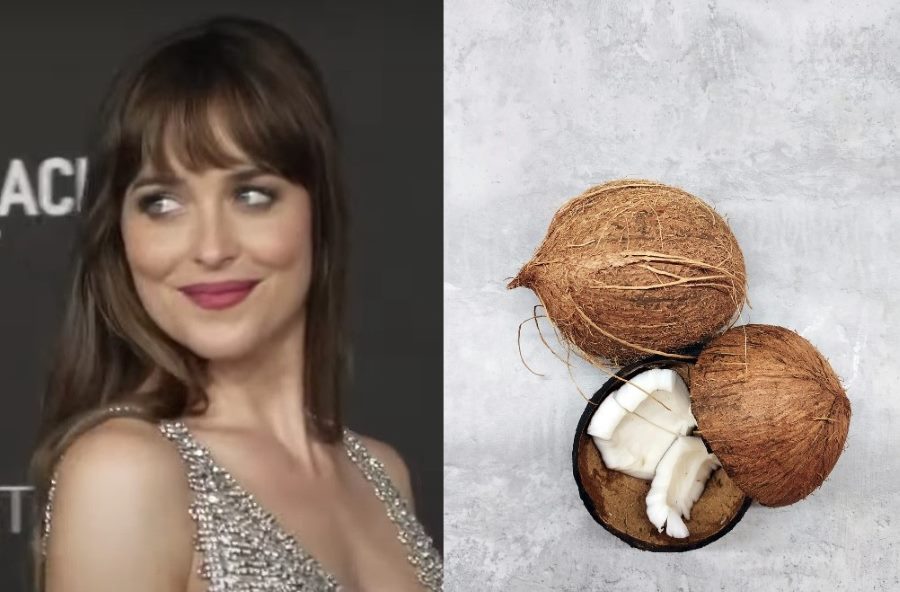 Dakota Johnson smiling for photo on left side, coconuts on the right side | dakota johnson skincare routine