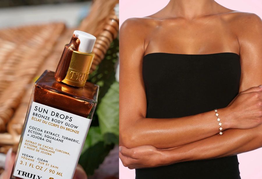 how to fix fake tan mistakes | side by side images showing closeup of Truly's Sun Drops Bronze Body Glow in glass bottle next to person's upper body wearing black strapless top with visible tan