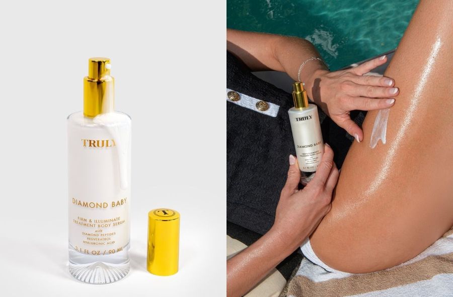 How to get rid of crepey skin treatment | Two side-by-side photos of Truly’s Diamond Baby Body Serum: left shows glass bottle with gold pump and dripping white serum, while right shows  product being applied to a leg for a shimmering glow.