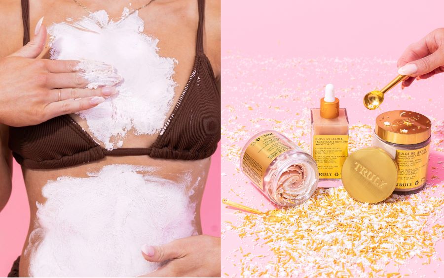 how to get rid of loose skin after pregnancy | photo on left shows woman in bikini with cream all over chest and belly and photo on the right shows Truly's dulce de leches set