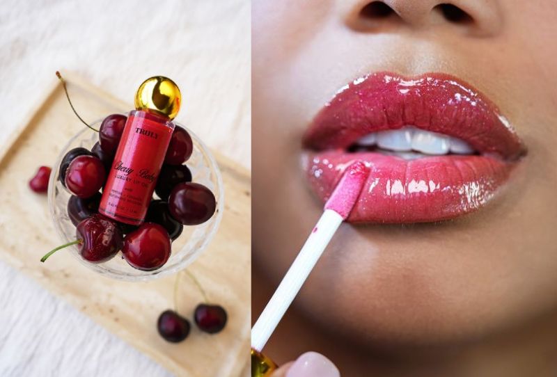 side by side image: left image shows Truly's cherry baby lip oil in bowl of cherries, right images shows lip closeup wearing cherry baby lip oil | how to make your lips bigger