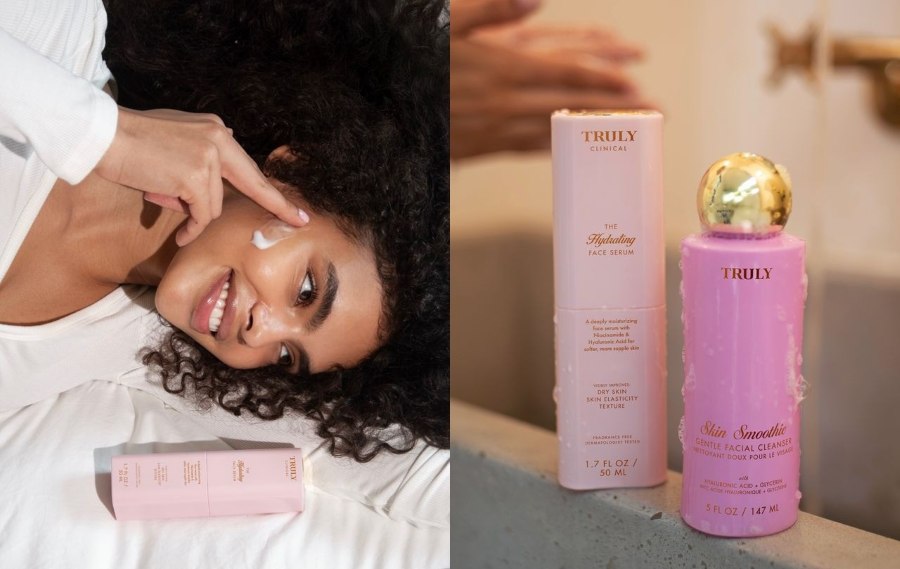 how to repair damaged skin barrier | left image shows woman lying on bed applying Truly's the hydrating serum to face, right image shows Truly The hydrating barrier serum and skin smoothie cleanser with hyaluronic acid, niacinamide, and glycerin