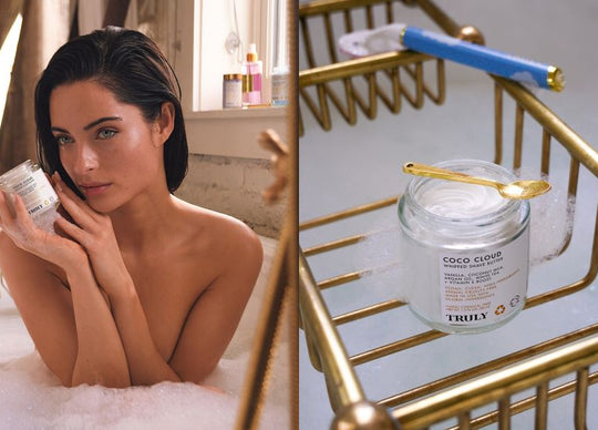 best shaving cream for women | side by side - left image shows Truly Coco Cloud shave butter in front of halved coconut shells, right image shows closeup of woman's hand holding Truly Vanilla Baby Shave Cream and pink razor across leg in bubble bath
