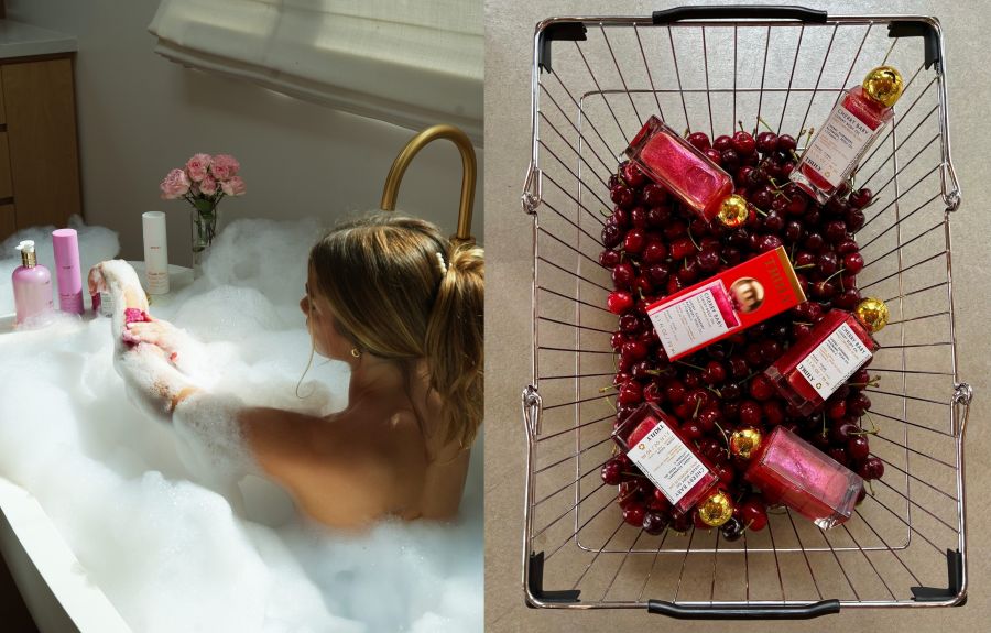 new year resolutions 2026 | left image shows woman in bubble bath surrounded by truly products, right image shows basket full of fresh cherries and Truly cherry baby oils