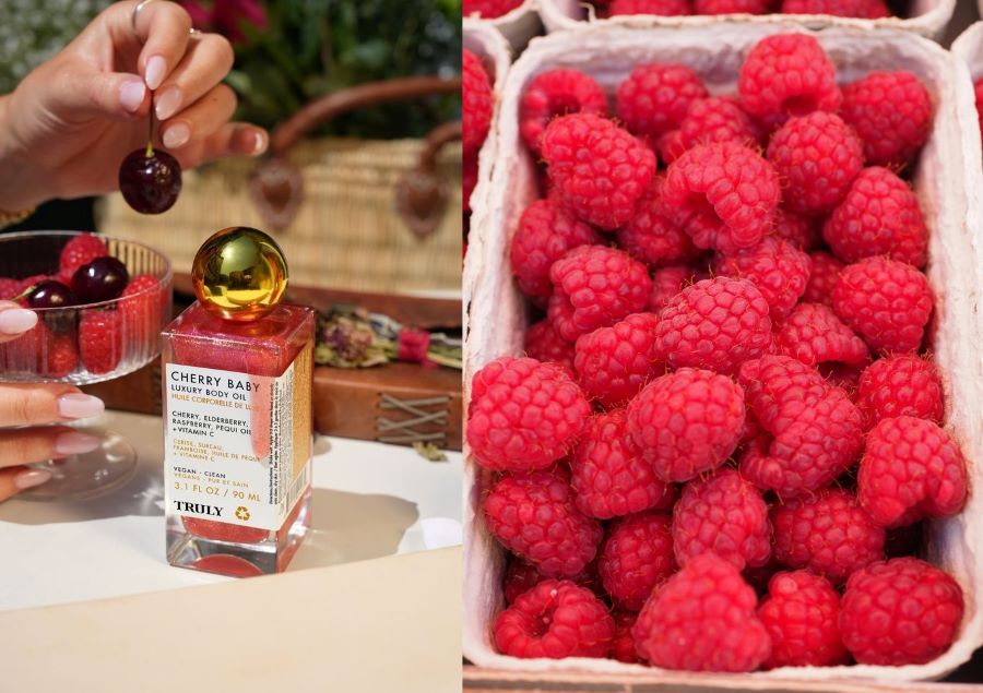 benefits of raspberry seed oil | two images - left image shows truly's cherry baby luxury body oil next to bowl of raspberries and cherries, right image shows big basket of raspberries