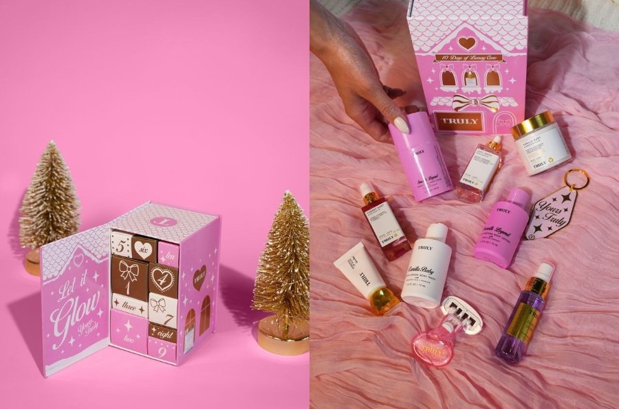 side by side photos of truly beauty advent calendar 2025 - left image shows pink calendar surrounded by two gold mini christmas trees and right image shows advent calendar with  a selection of truly products on bed