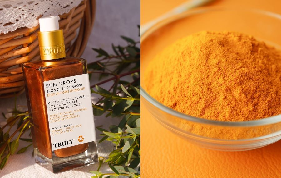 turmeric benefits for skin | side by side images - left image shows truly's sun drops oil and right image shows glass bowl of ground turmeric