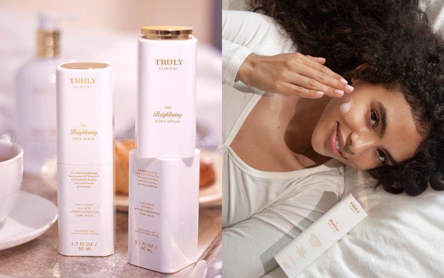 what helps with hyperpigmentation | left image shows closeup of Truly's brightening face and body serum, right image shows closeup of woman with dark hair on bed applying truly's the brightening face serum