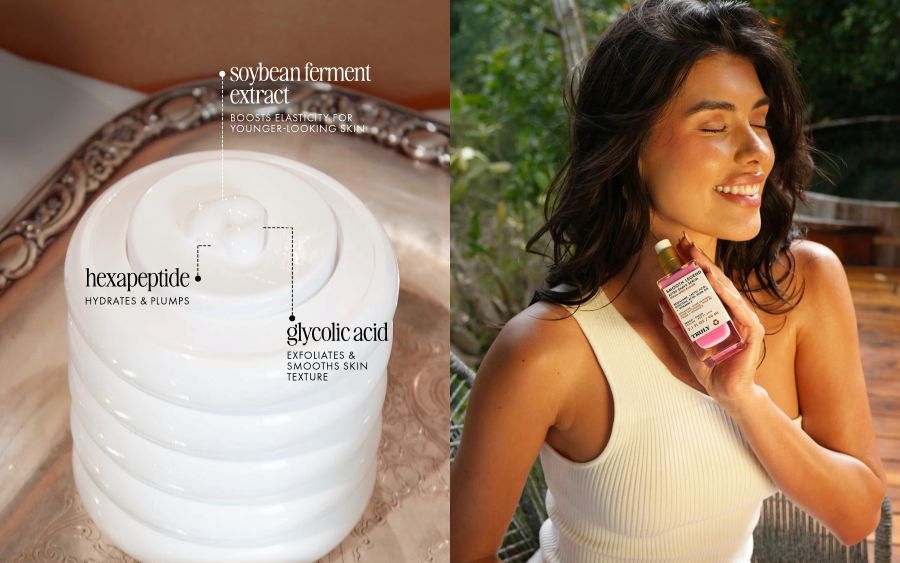 what is glycolic acid | left image shows infographic featuring white jar and key ingredients including glycolic acid and hexapeptide, right image shows woman holding truly smooth legend serum with glycolic acid