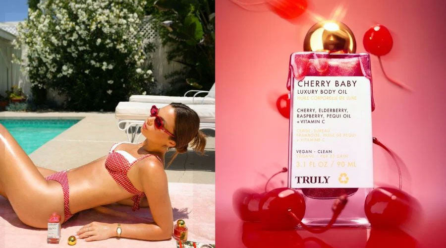 What is Pequi Oil? | left photo shows young woman sunbathing by pool and right right photo shows closeup of truly'c cherry baby luxury body oil surrounded by cherries