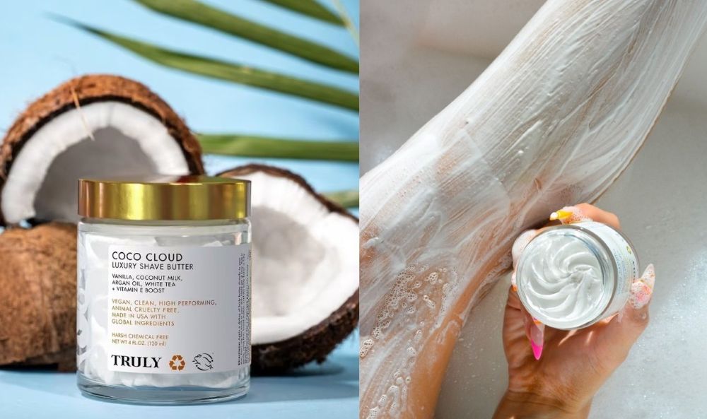 what is the best shaving cream for women | left image shows closeup of trulys coco cloud shave butter with coconut halves in background, right image shows leg covered in shaving cream with woman's hand holding open jar of coco cloud shave cream