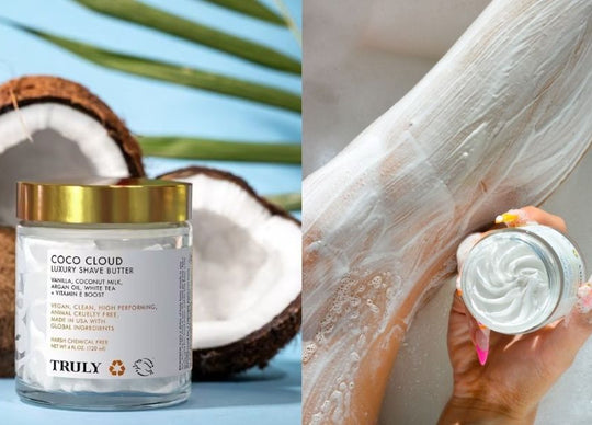 how to shave bikini line | woman in orange bikini applying truly coco cloud after shave serum to leg