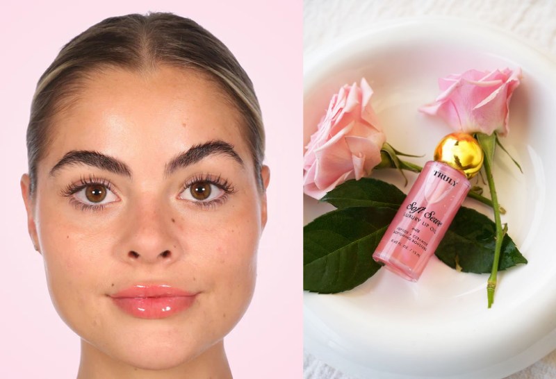 why are my lips so dry | side by images - left photo shows closeup of young woman with glossy pink lips, right image shows Truly's soft serve lip oil placed on white plate surrounded by two pink roses