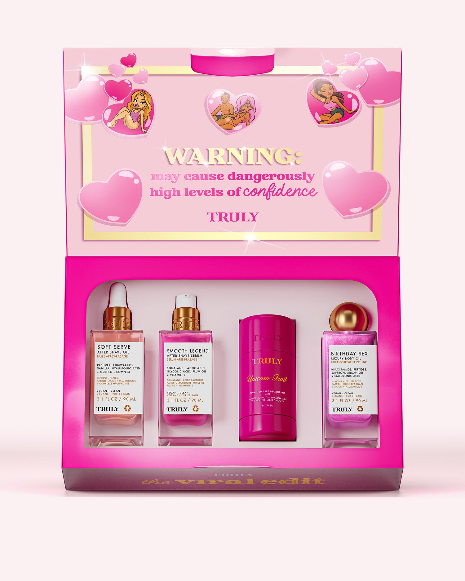 The Viral Edit by Truly Beauty is a pink gift box with heart and cartoon graphics, containing four brightening products with niacinamide and glycolic acid, plus a stick. WARNING: may cause dangerously high levels of confidence.