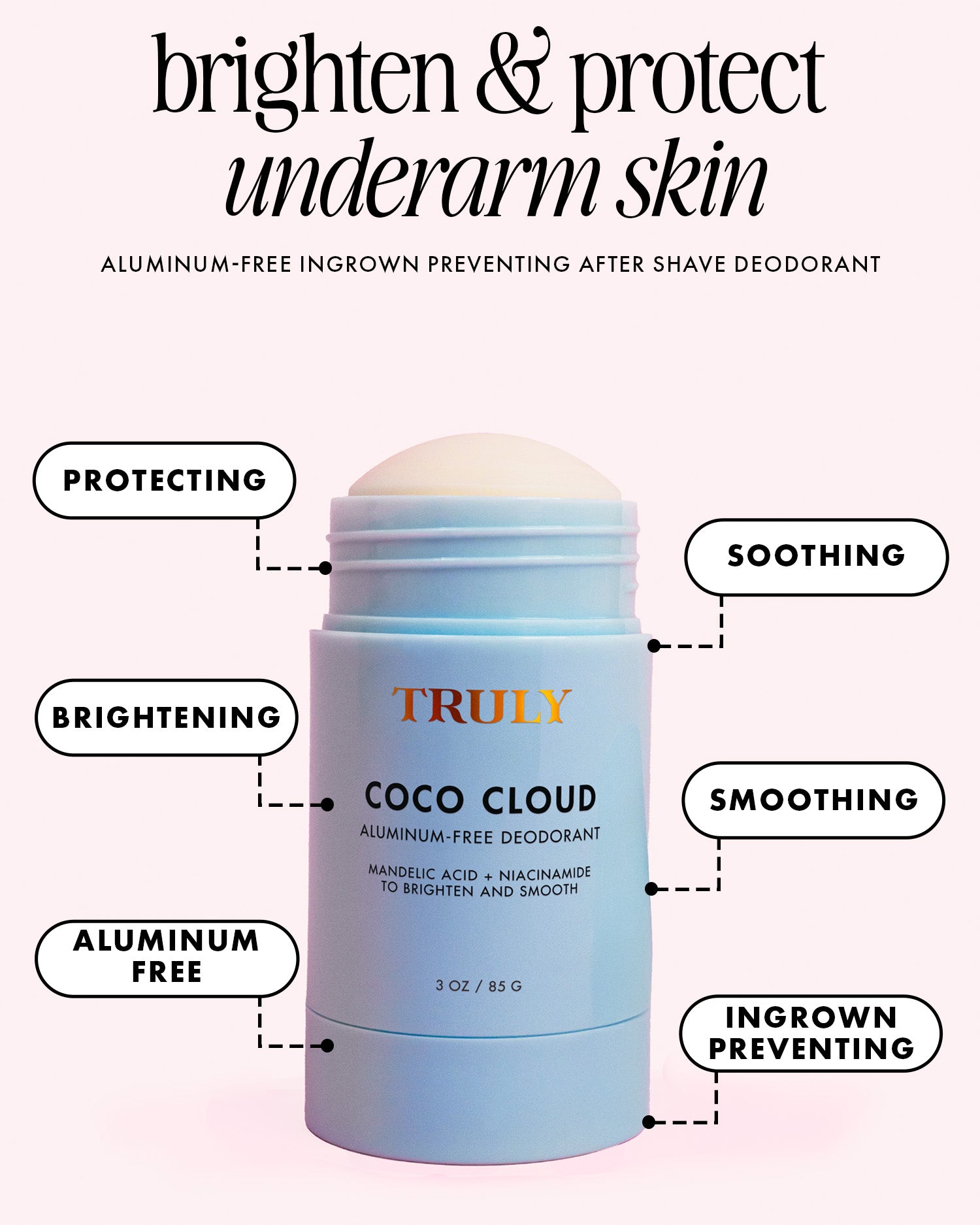 The Truly Beauty Coco Cloud Ingrown Prevention and Brightening Deodorant is displayed on a pink background, emphasizing benefits like protection, soothing, smoothing, brightening, discoloration care, and ingrown prevention.