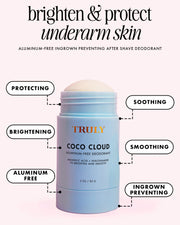 The Truly Beauty Coco Cloud Ingrown Prevention and Brightening Deodorant is displayed on a pink background, emphasizing benefits like protection, soothing, smoothing, brightening, discoloration care, and ingrown prevention.
